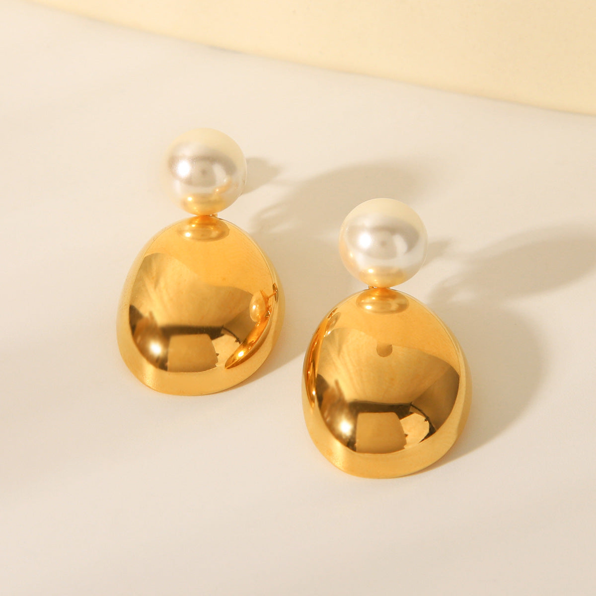 18k Gold Stainless Steel Earrings with Pearl Studs, Semi-circular Pendant, Titanium Steel Earrings