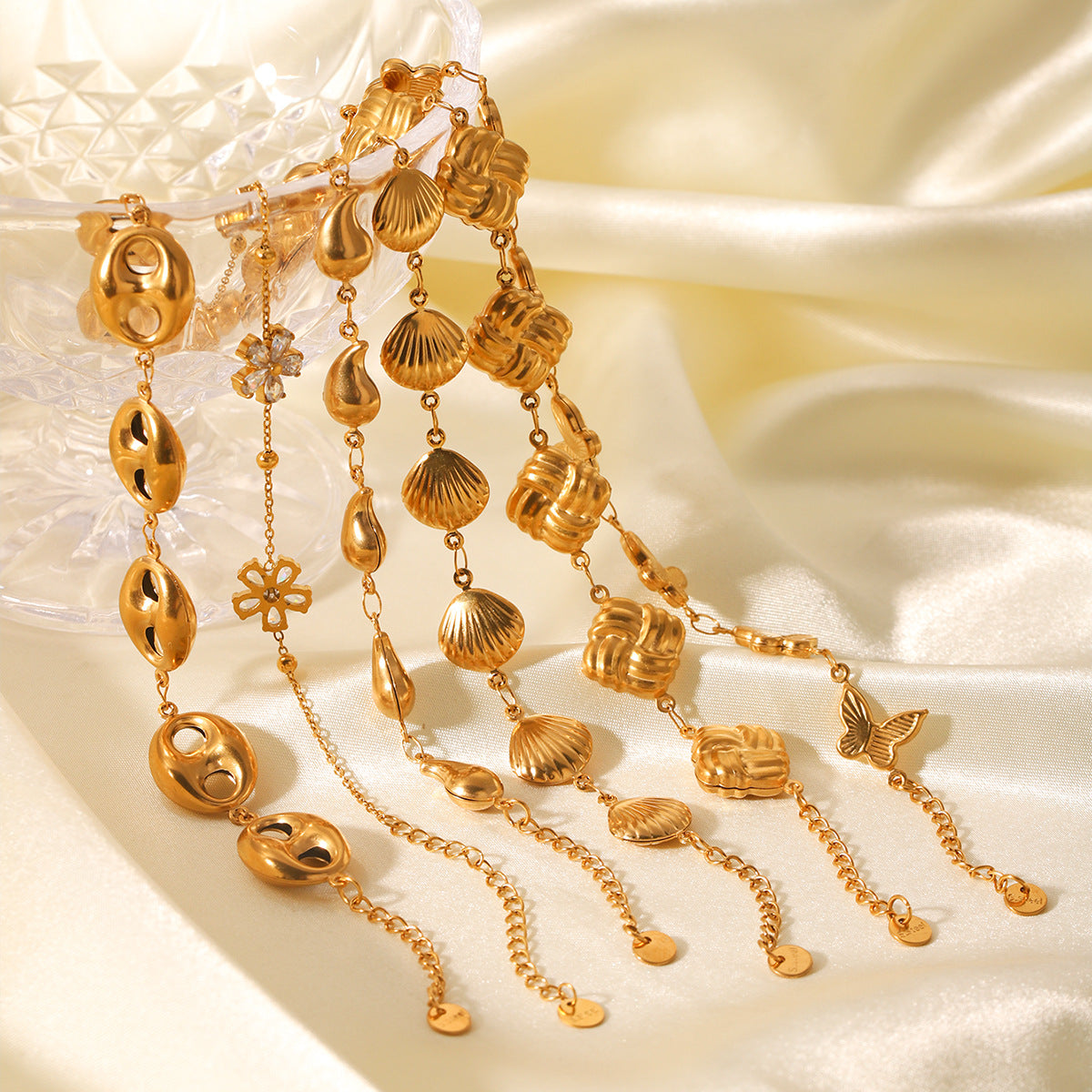 Stainless Steel Bracelet, Featuring Square, Butterfly, Shell, and Water Droplet Designs, Adorned with Zircon Flowers and A Pig-nose Buckle, Crafted From 18K Gold and Titanium Steel Jewelry