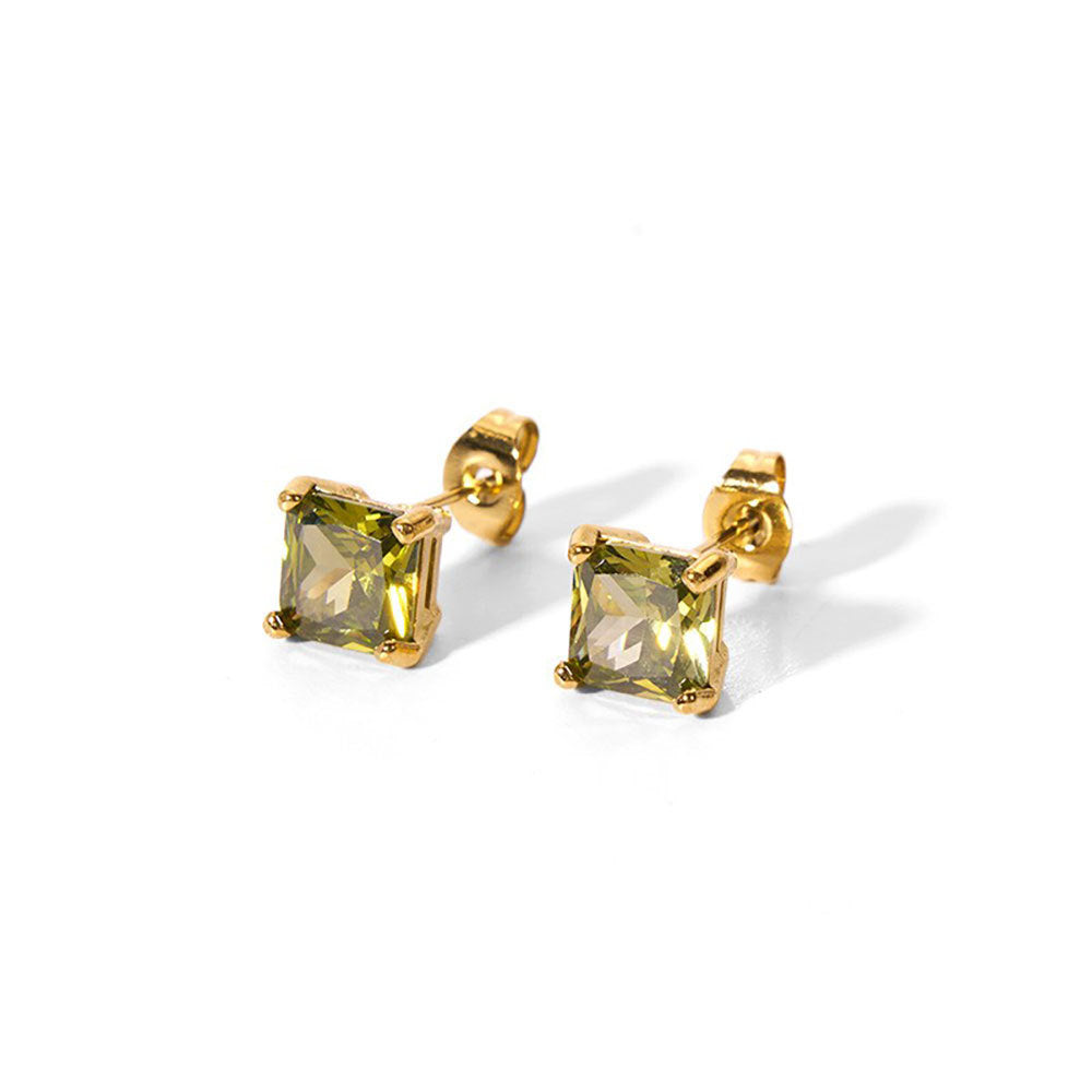 INS Fashionable and Minimalist Titanium Steel Earrings, Vacuum Plated Stainless Steel, White/green Square Zircon Earrings, Jewelry for Women