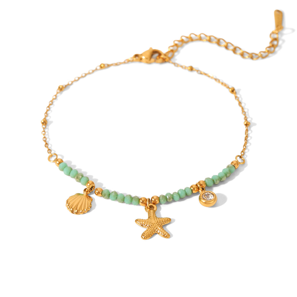18K Gold Stainless Steel Seashell Starfish Bead Clasp Natural Stone Bracelet, Ocean Vacation Style Jewelry, Titanium Steel Bracelet
