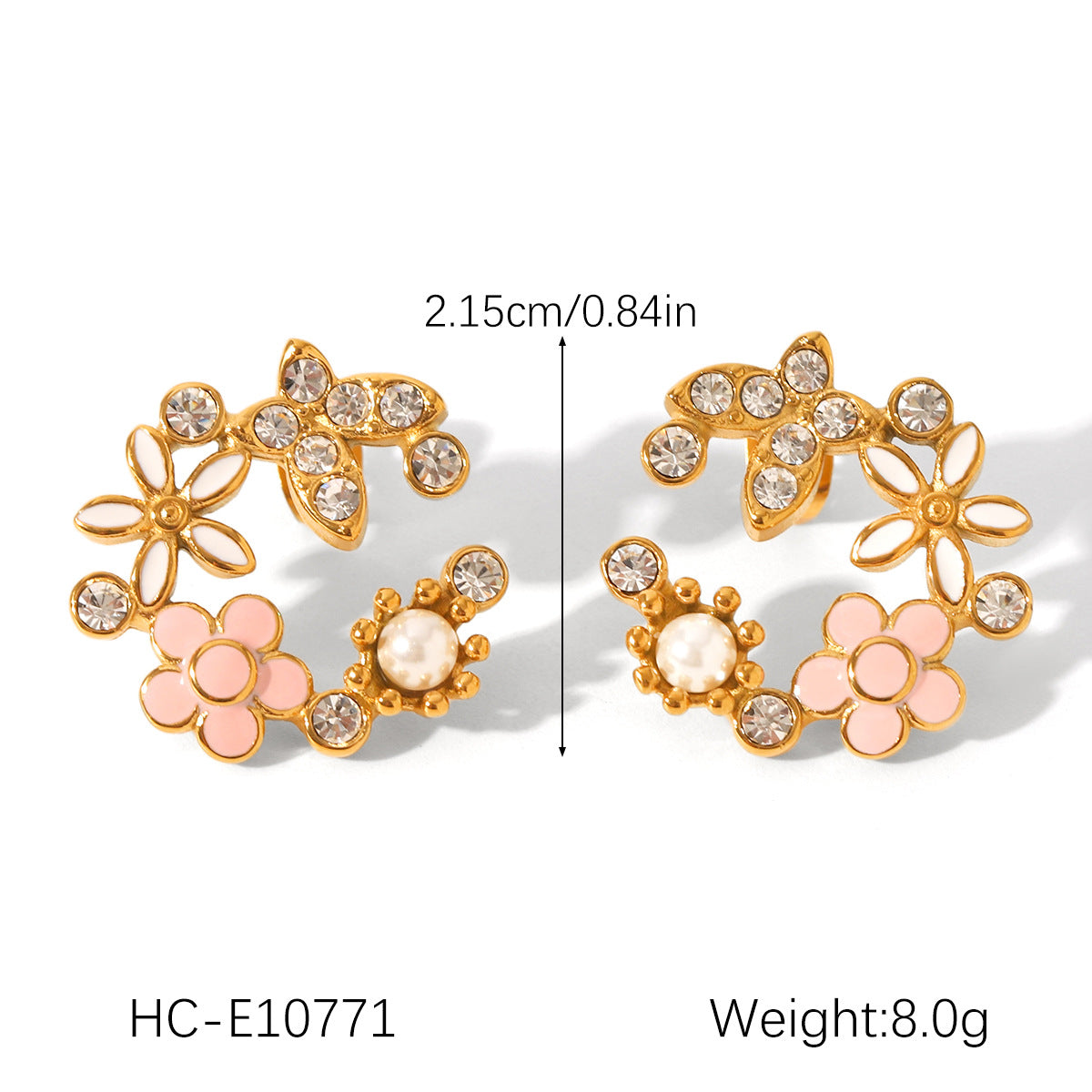 Flower earrings, 18K gold stainless steel, butterfly design with zircon, pearl drop earrings, women's flower garland earrings