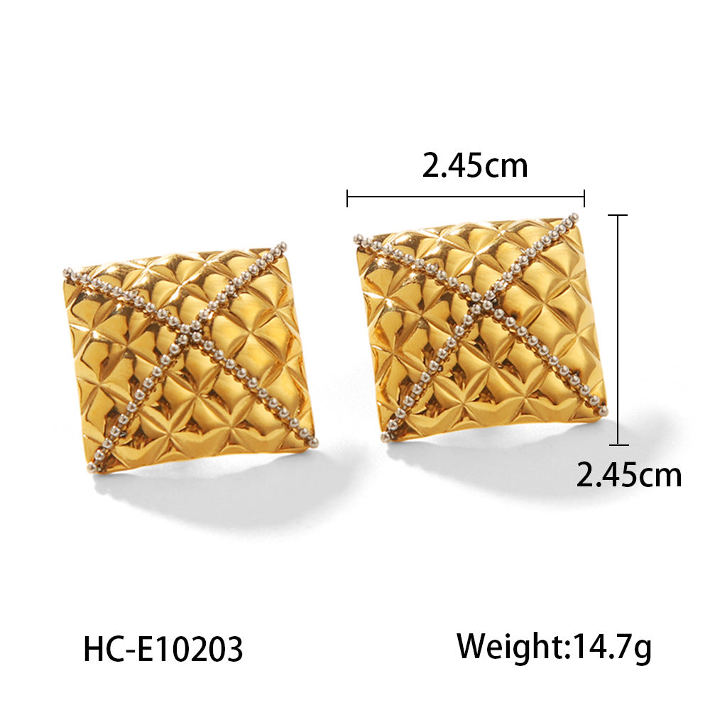 Earrings 18k Gold Stainless Steel Square Diamond Pattern Stud Design Cross Bead Titanium Steel Earrings