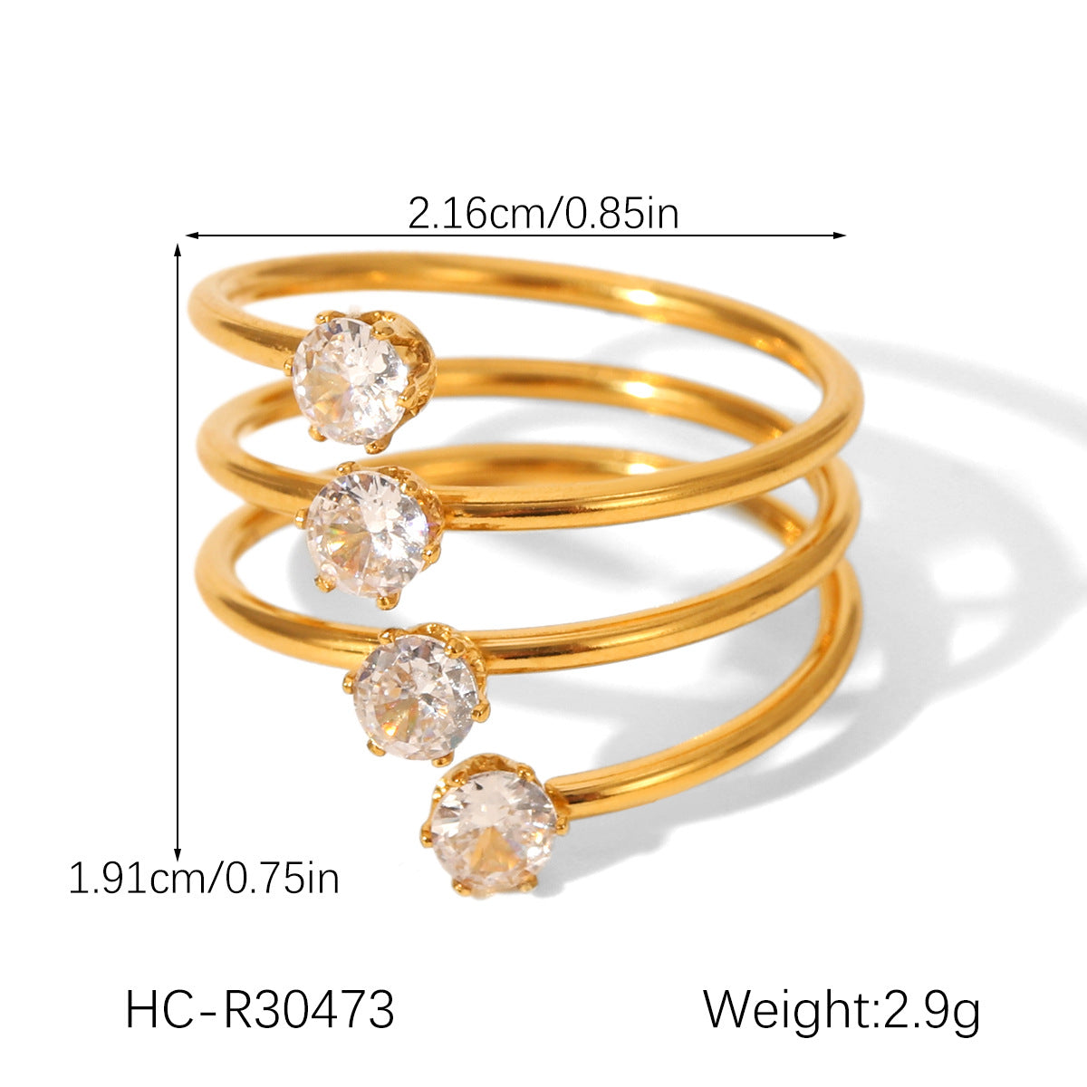 INS Style Three-layer Stainless Steel Ring with Zircon Inlay, Light Luxury and Versatile Titanium Steel Open Ring