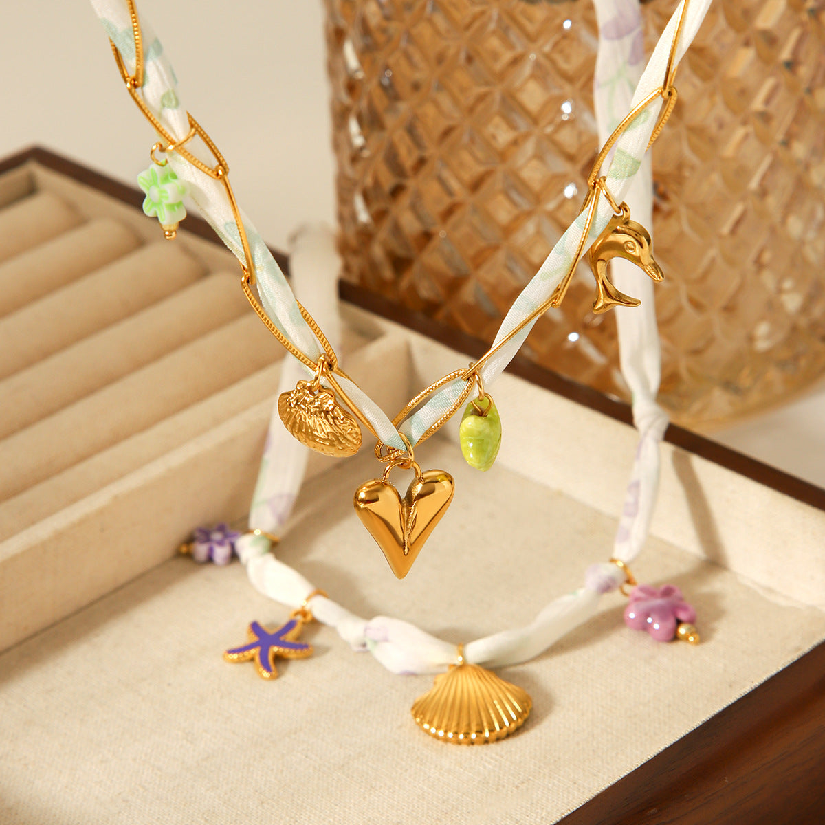 Summer Vacation Style Scarf Necklace, Light Luxury Niche Stainless Steel Shell Heart Pendant Necklace Jewelry