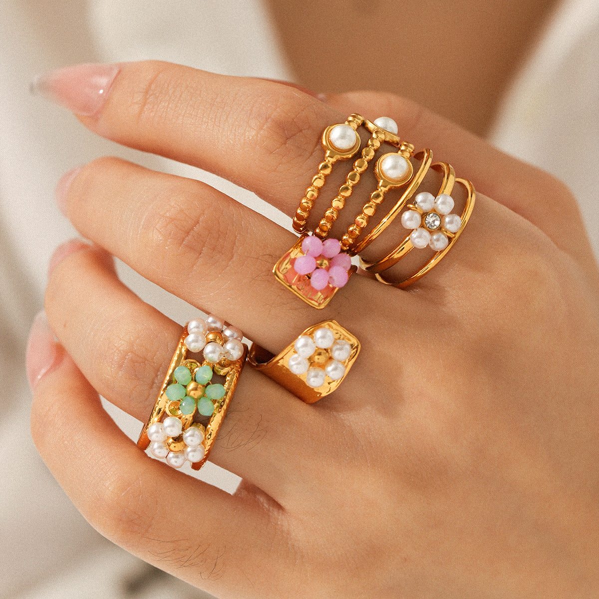 Pearl Ring, Niche Design, Hand Jewelry, Titanium Steel Open Ring, Women's Non-fading Flower Stainless Steel Finger Ring