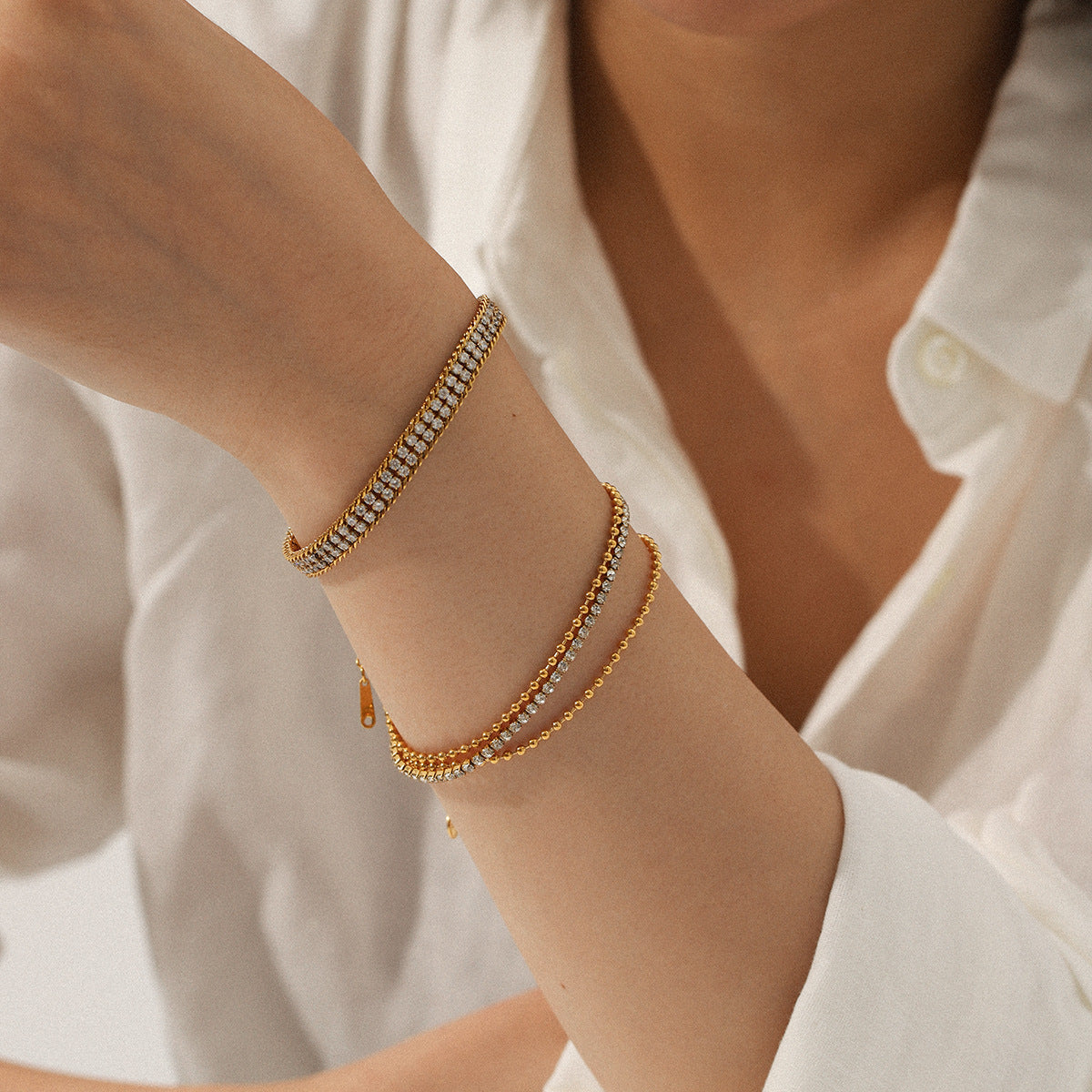 18K Gold Stainless Steel Bracelet with Double-layer White Zircon, Exuding A Light Luxury and High-end Feel, Made of Titanium Steel Jewelry