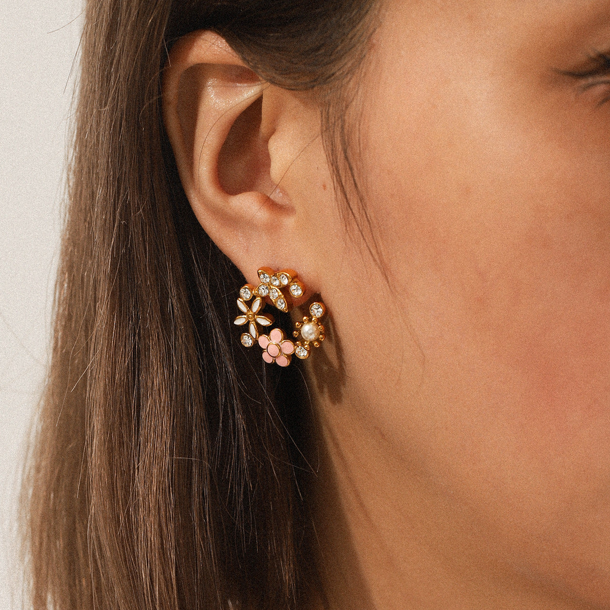 Flower earrings, 18K gold stainless steel, butterfly design with zircon, pearl drop earrings, women's flower garland earrings