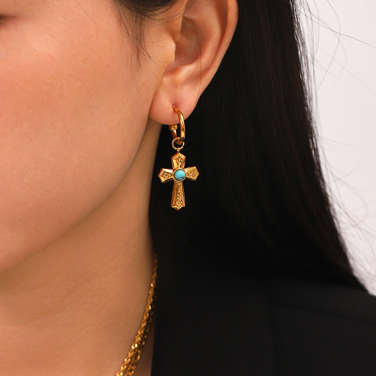 French Stainless Steel Figaro Chain Fried Dough Twists Chain Double-layer Necklace Cross Pendant with Tiger's Eye Stone Turquoise Earrings
