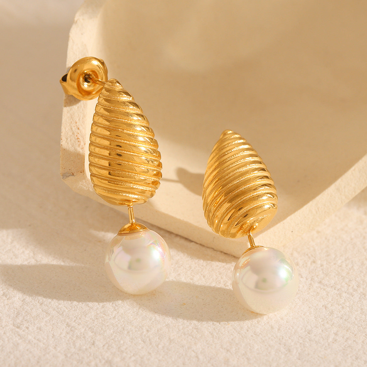 Pearl Earrings, Drop-shaped Threaded Stud Design, 18k Gold Stainless Steel Earrings for Women