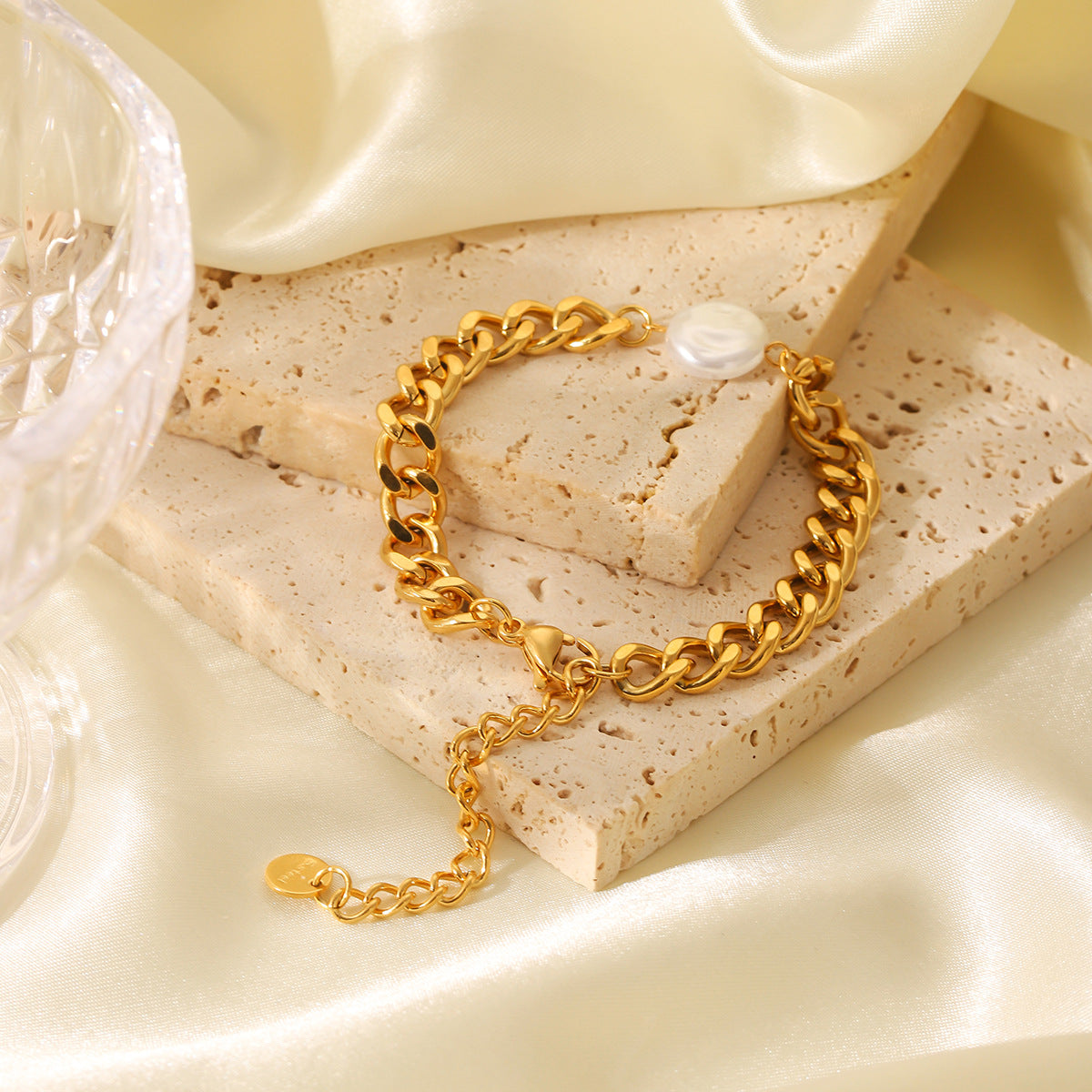 INS-style Fashion Trend, Baroque Pearl Stainless Steel Cuban Chain Bracelet for Women, Non-fading Bracelet