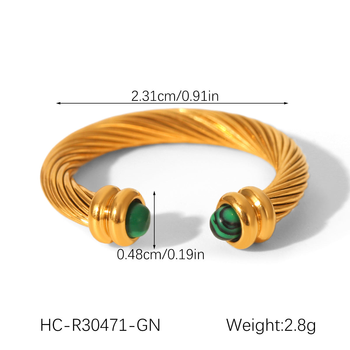 Color-blocked Stainless Steel Spiral Pattern Open Ring Inlaid with Malachite, Turquoise, Tiger's Eye, Titanium Steel Finger Ring for Women