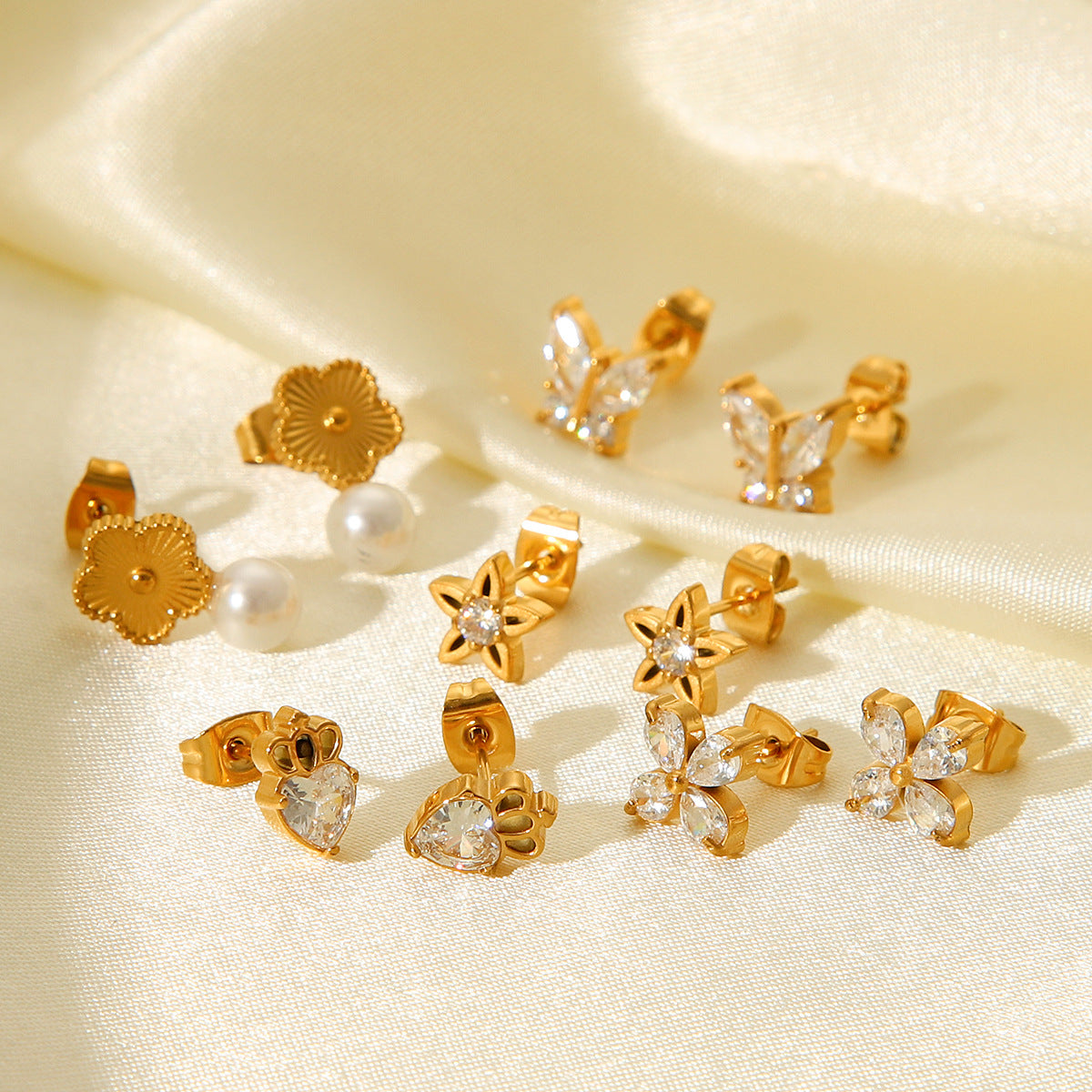 Fashionable and Personalized Butterfly Zircon Star Earrings, Ins-inspired Light Luxury Stainless Steel Five-petaled Flower Pearl Earrings