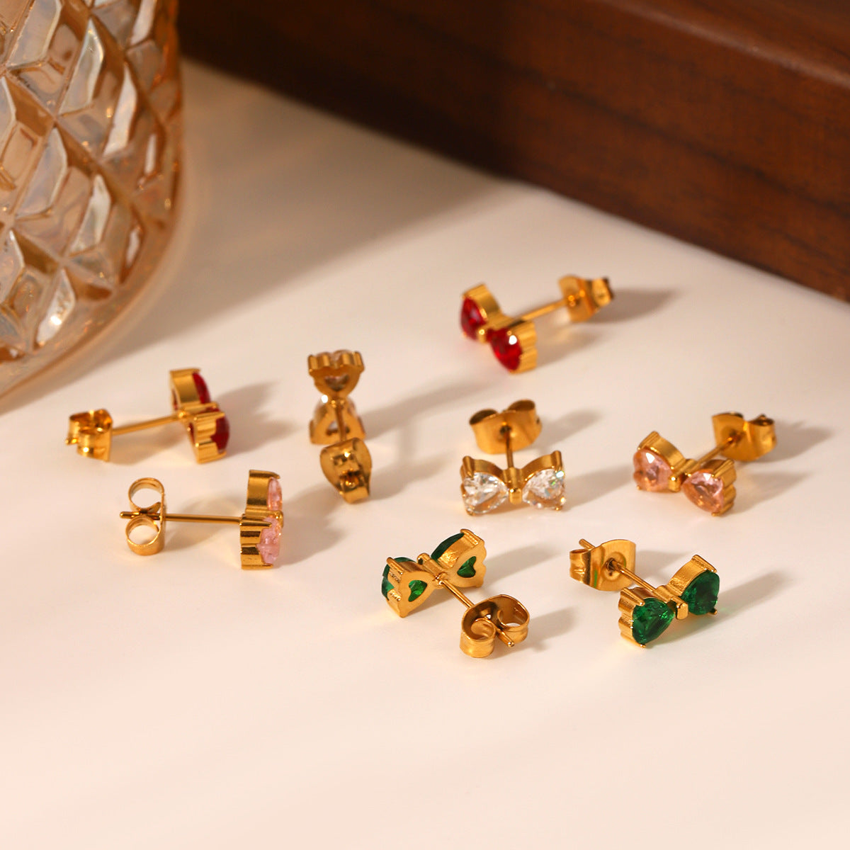 INS-style Stainless Steel Bowknot Earrings with Zircon Studs for Women, Non-fading Titanium Steel, 18K Gold-plated Earrings