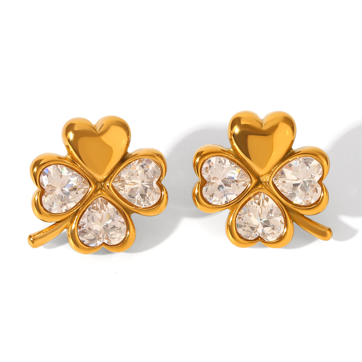 Cross-border Stainless Steel Earrings, Design Style, Four-leaf Clover and Heart-shaped Zircon Earrings, High-end Earrings, Titanium Steel Jewelry