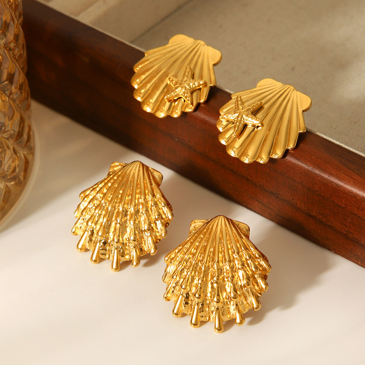INS Style Summer Beach Jewelry, 18k Gold Stainless Steel Shell Earrings, Starfish Earrings, Titanium Steel Jewelry