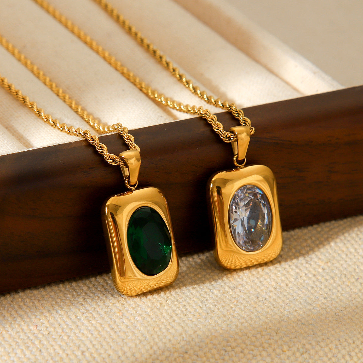 Stainless Steel Necklace with Square Pendant, Inlaid with Semi-precious Stones, Titanium Steel Necklace for Women
