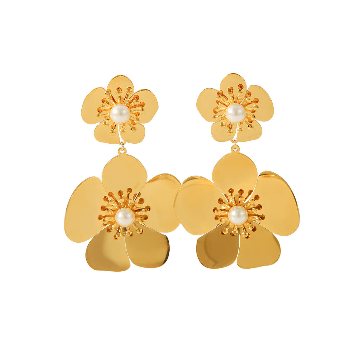 Fashionable Light Luxury Stainless Steel Exaggerated Flower Earrings French Petal Inlaid Pearl Earrings Female Design Sense