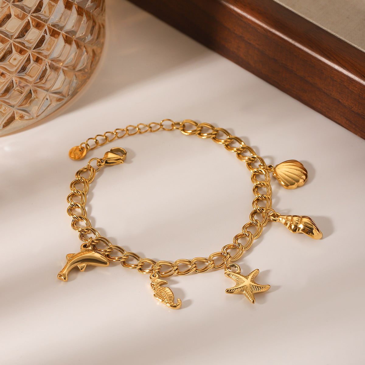 Marine Stainless Steel Bracelet with Dolphin, Seahorse, Starfish, Conch Shell, and Shellfish Pendants - Non-fading Jewelry