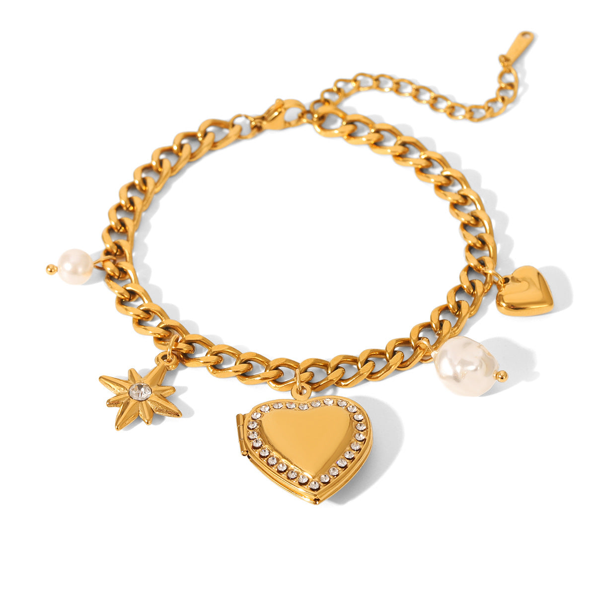 Ins-style Cuban Chain Diamond-encrusted Heart-shaped Eight-pointed Star Pendant Stainless Steel Bracelet Personalized Fashion Titanium Steel Jewelry