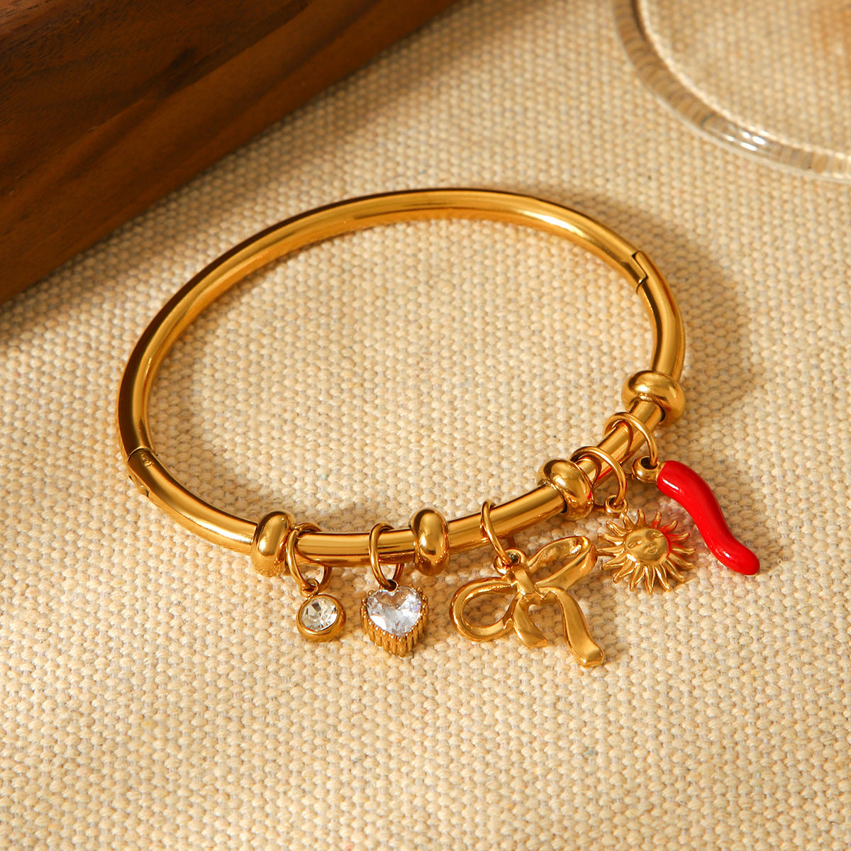 Stainless Steel Sun Bowknot Oil-dripping Chili Zircon Bracelet DIY Jewelry Accessory Titanium Steel Plain Bracelet