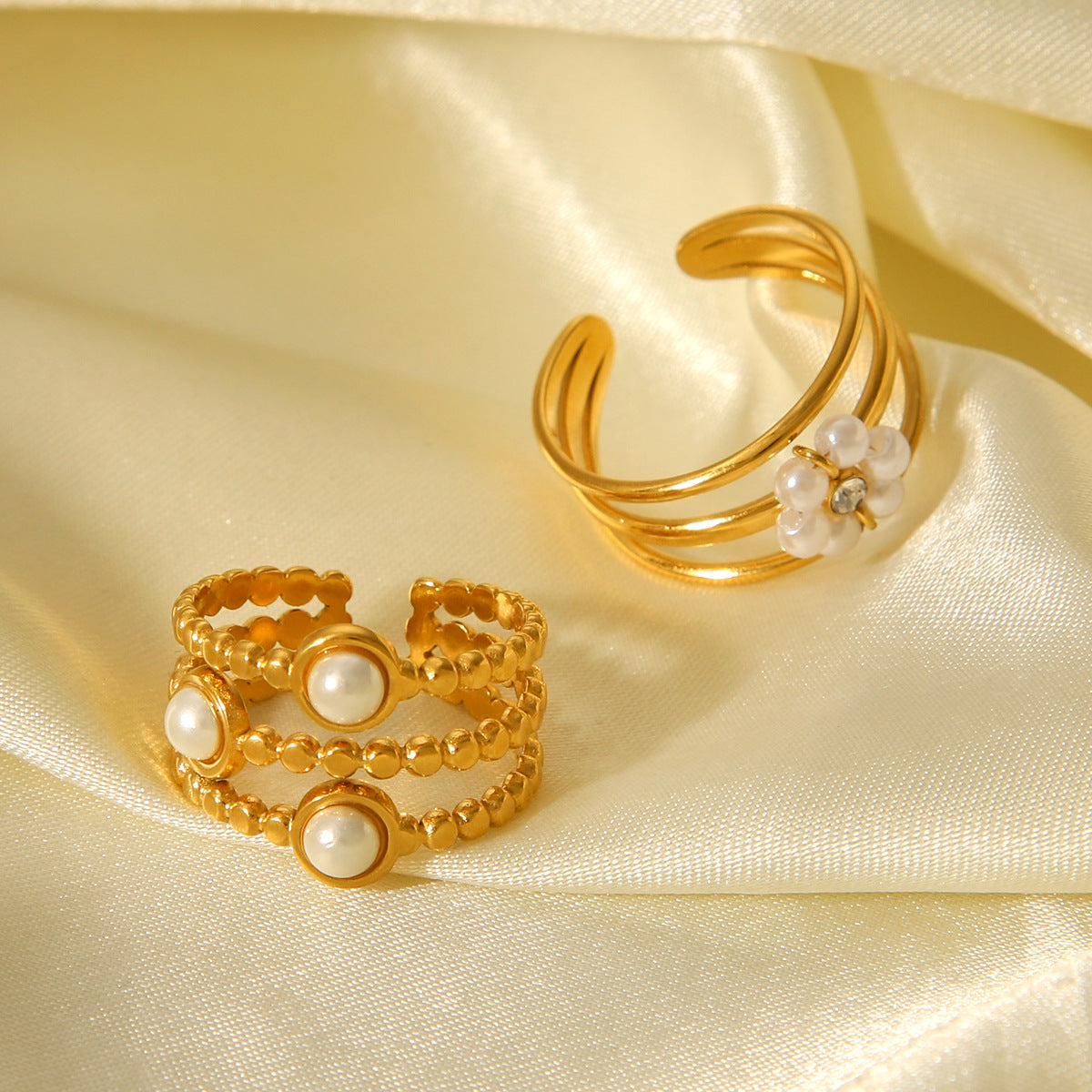 Design sense three-layer stainless steel open ring flower pearl finger ring female non-fading titanium steel jewelry