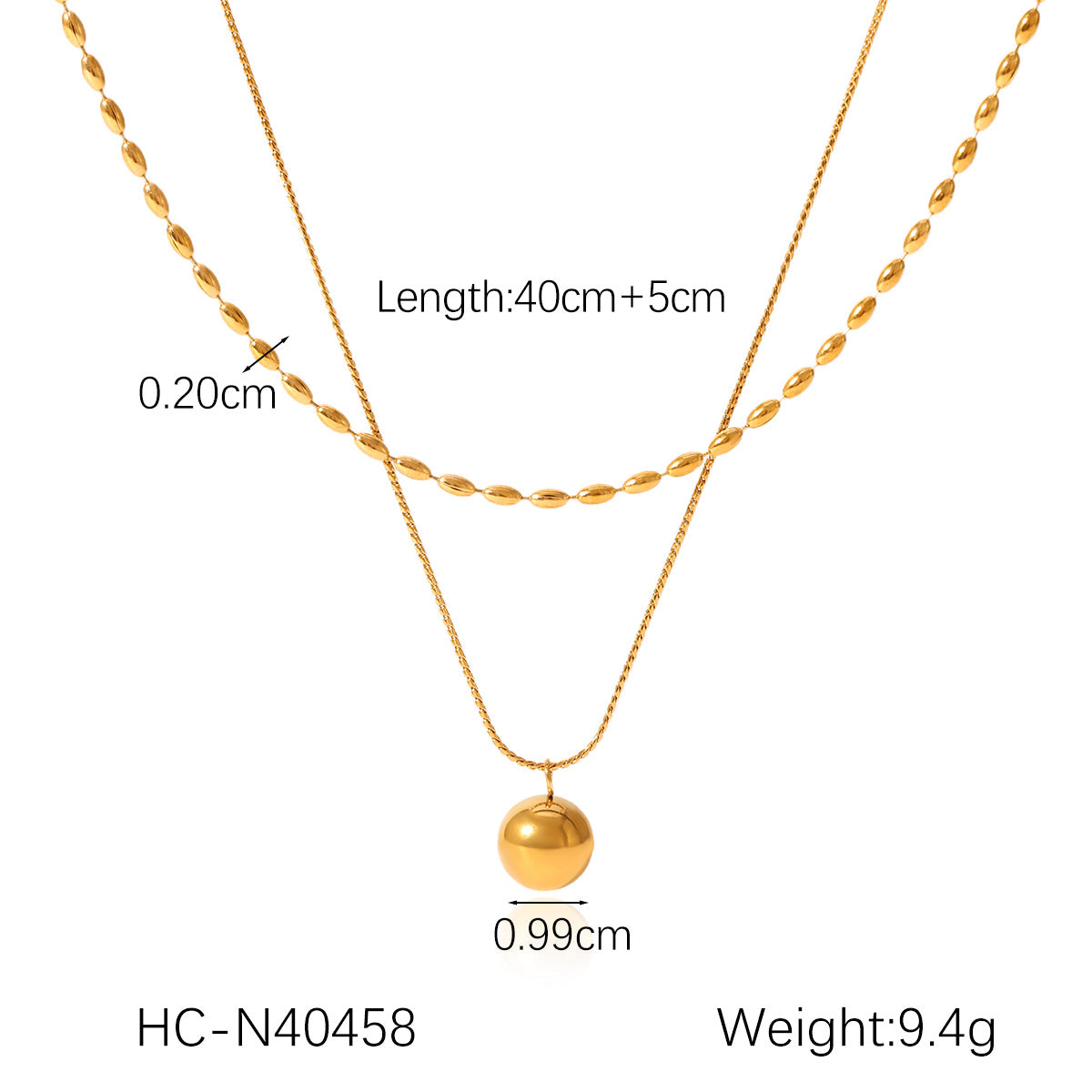 Double-layer stainless steel necklace, oval bead chain, Fried Dough Twists chain, small golden ball pendant, neck chain, titanium steel necklace accessory, does not fade