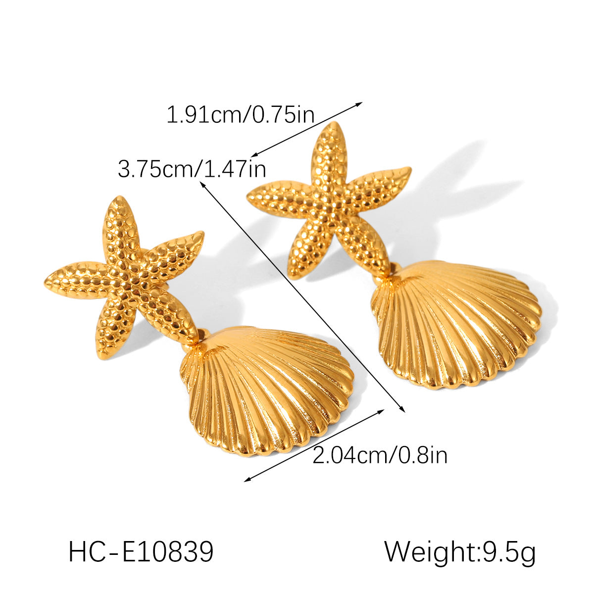 INS Style Summer Beach Jewelry, 18k Gold Stainless Steel Shell Earrings, Starfish Earrings, Titanium Steel Jewelry