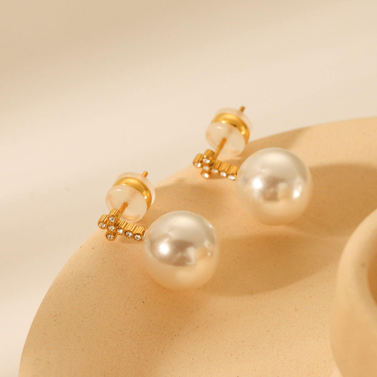 Pearl Earrings 18K Gold Stainless Steel Cross Inlaid with Diamonds Earrings for Women's Fashion Accessories