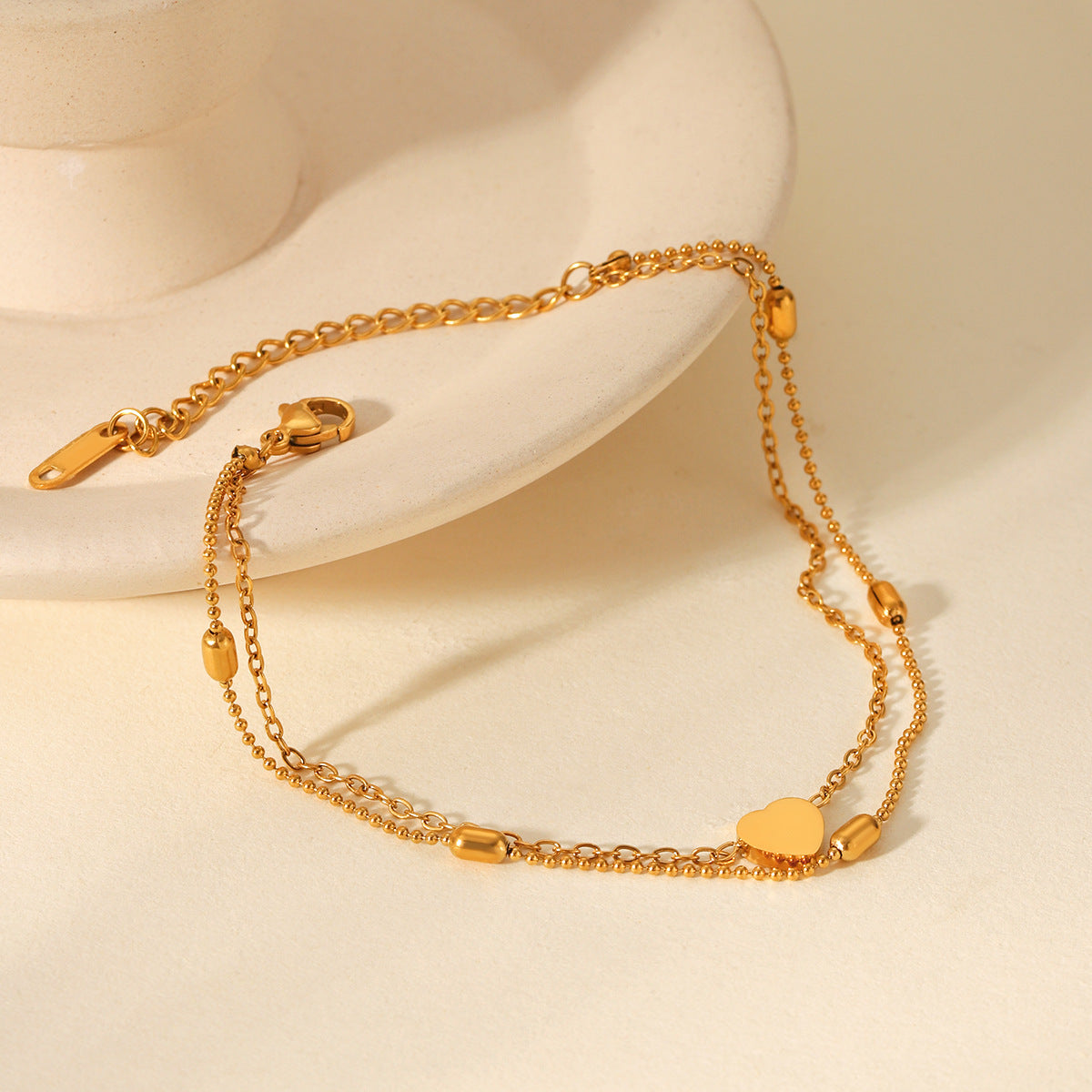 Titanium Steel Ankle Chain 18K Gold Stainless Steel Heart Pendant Oval Bead Chain Double-layer Ankle Chain Non-fading Ankle Jewelry