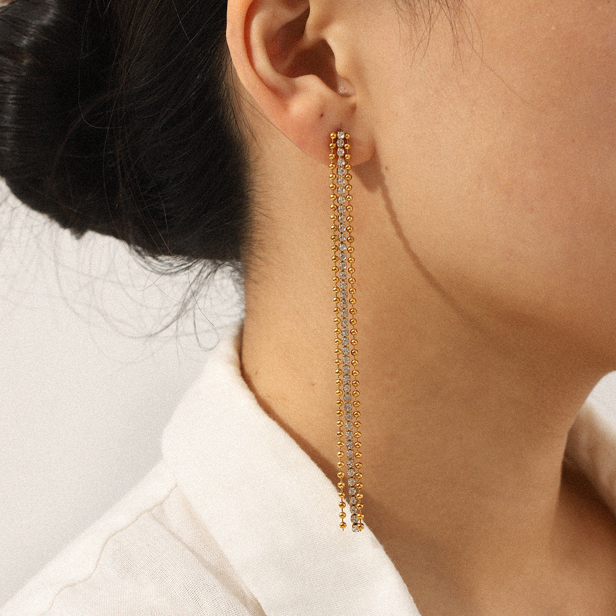 Stainless Steel Bead Chain Zircon Chain Fringed Earrings Long Earrings Light Luxury High-end Titanium Steel Jewelry