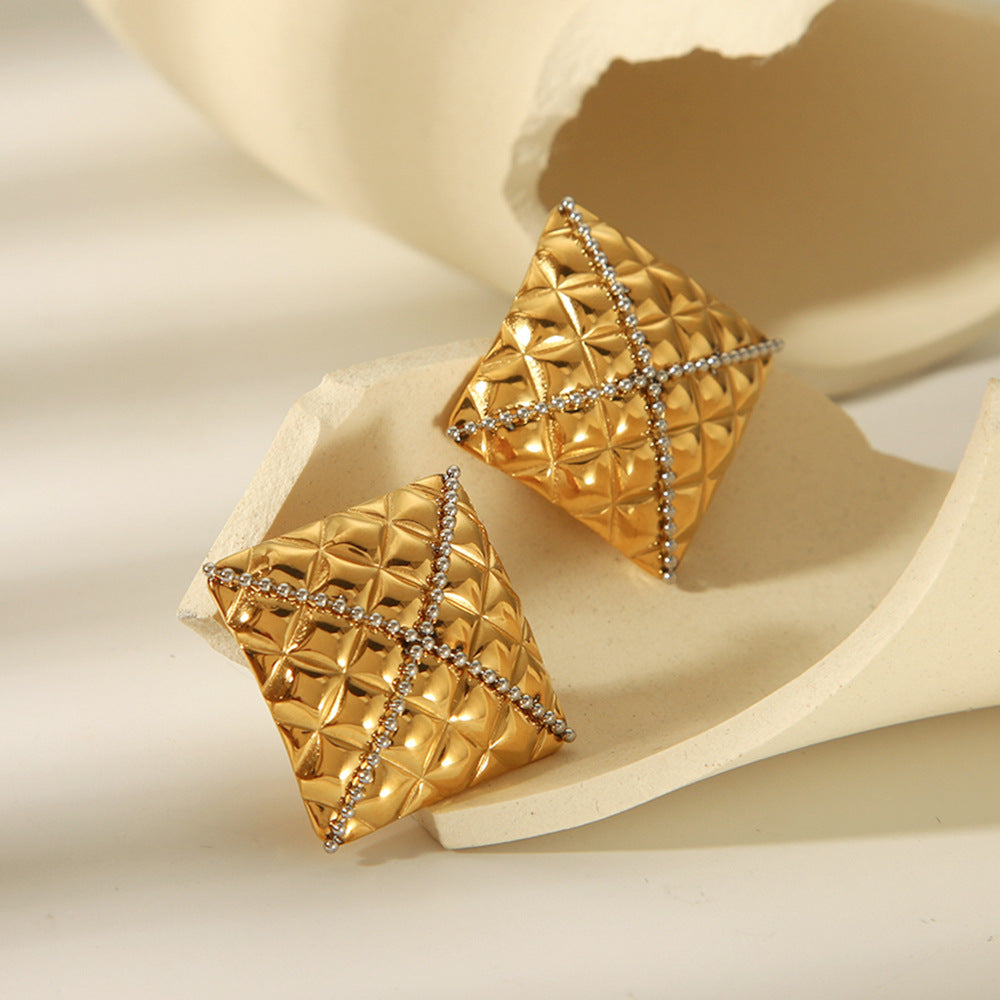 Earrings 18k Gold Stainless Steel Square Diamond Pattern Stud Design Cross Bead Titanium Steel Earrings
