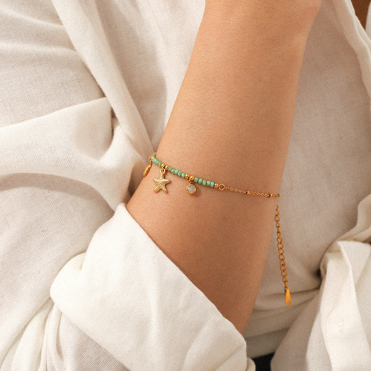 18K Gold Stainless Steel Seashell Starfish Bead Clasp Natural Stone Bracelet, Ocean Vacation Style Jewelry, Titanium Steel Bracelet