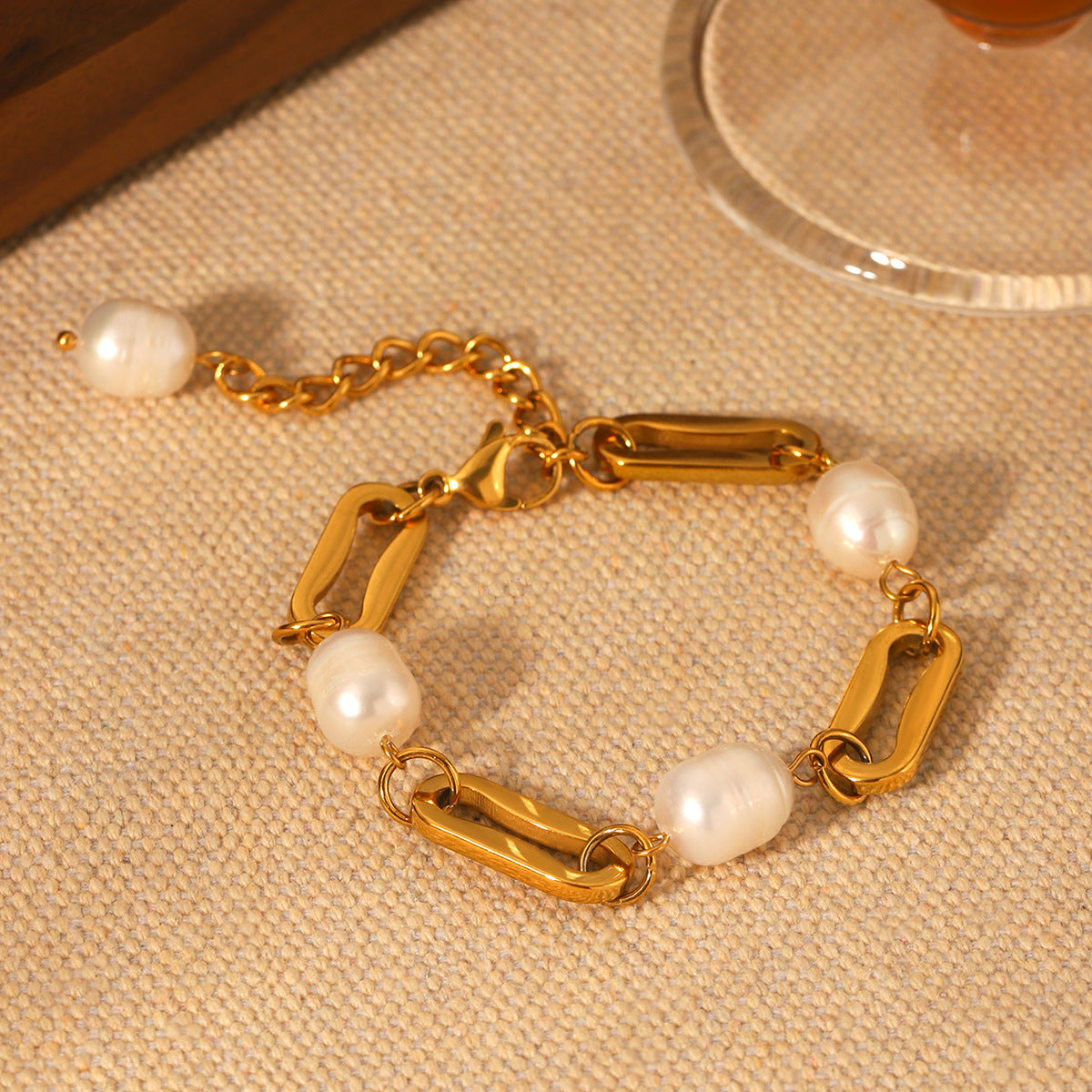 Stainless Steel 18K Gold-plated Bracelet, Non-fading, with Paperclip Chain Spacing, Freshwater Pearl Bracelet, Jewelry
