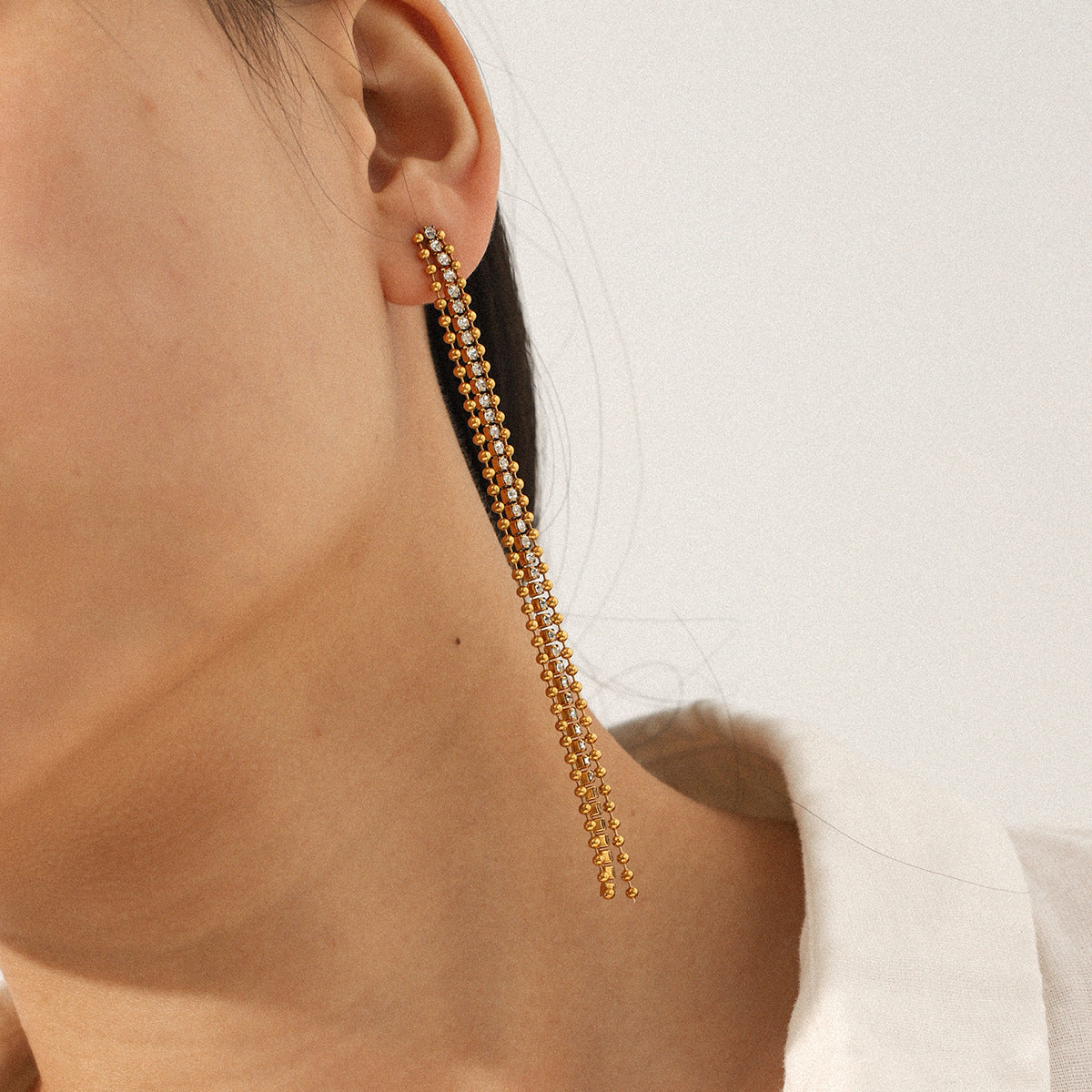 Stainless Steel Bead Chain Zircon Chain Fringed Earrings Long Earrings Light Luxury High-end Titanium Steel Jewelry