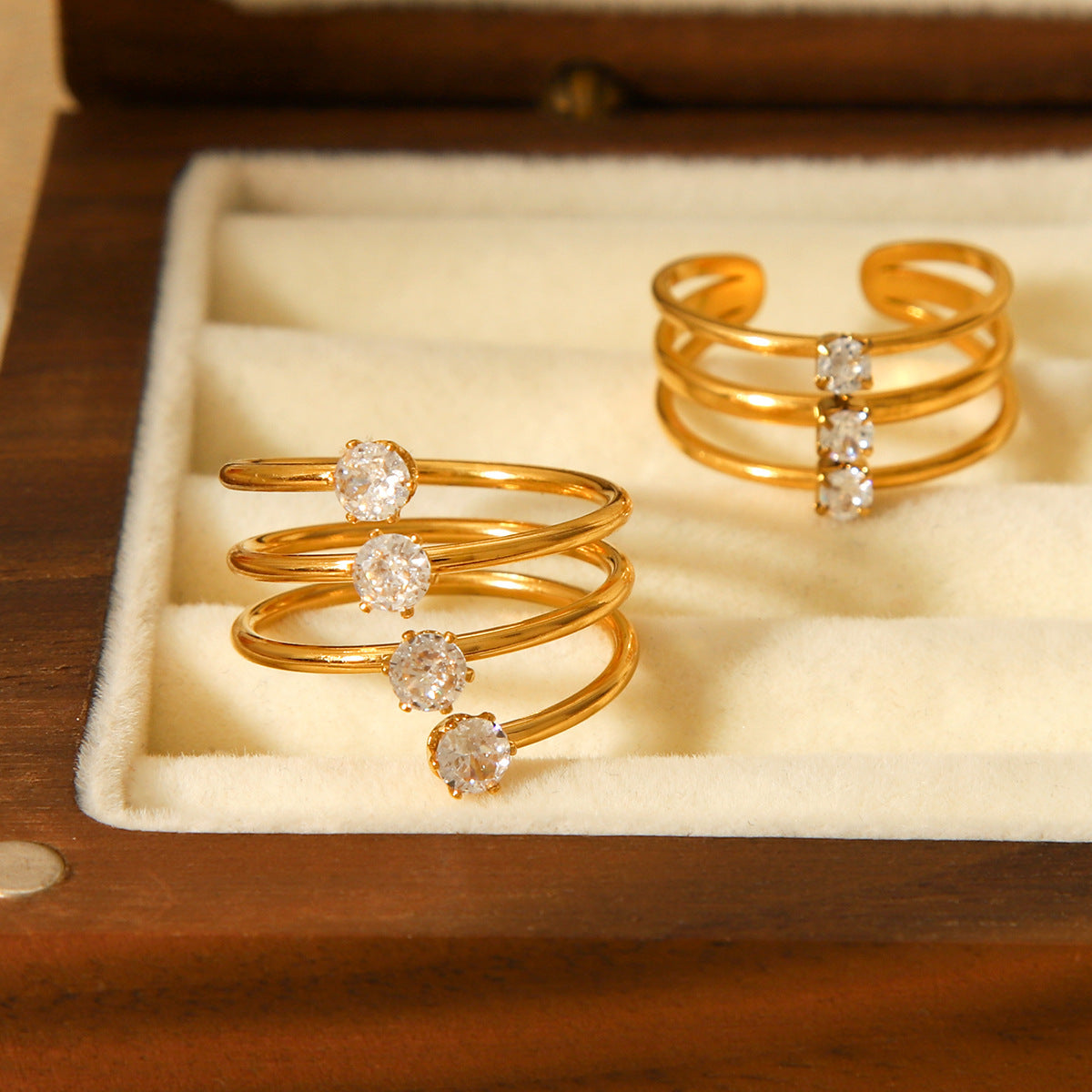 INS Style Three-layer Stainless Steel Ring with Zircon Inlay, Light Luxury and Versatile Titanium Steel Open Ring