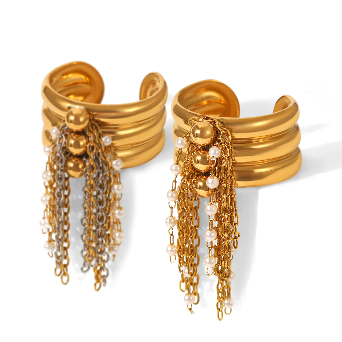 Titanium Steel Ring, 18K Gold Stainless Steel, Pearl Chain, Fringed, Open-ended, Women's Ring