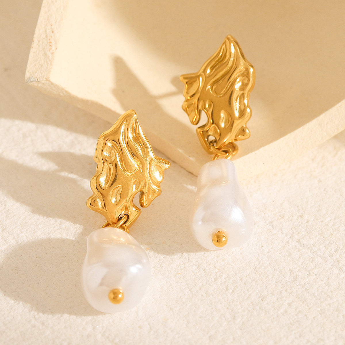 Irregular Titanium Steel Earrings 18k Gold Stainless Steel Earrings, Women's Retro Temperament Pearl Earrings
