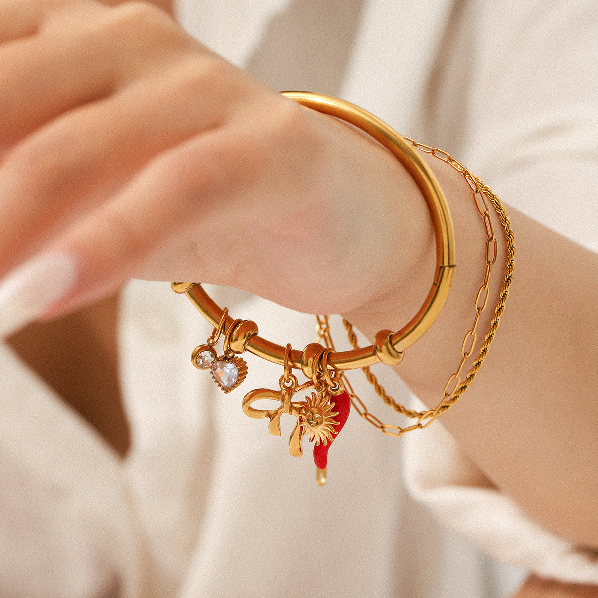 Stainless Steel Sun Bowknot Oil-dripping Chili Zircon Bracelet DIY Jewelry Accessory Titanium Steel Plain Bracelet