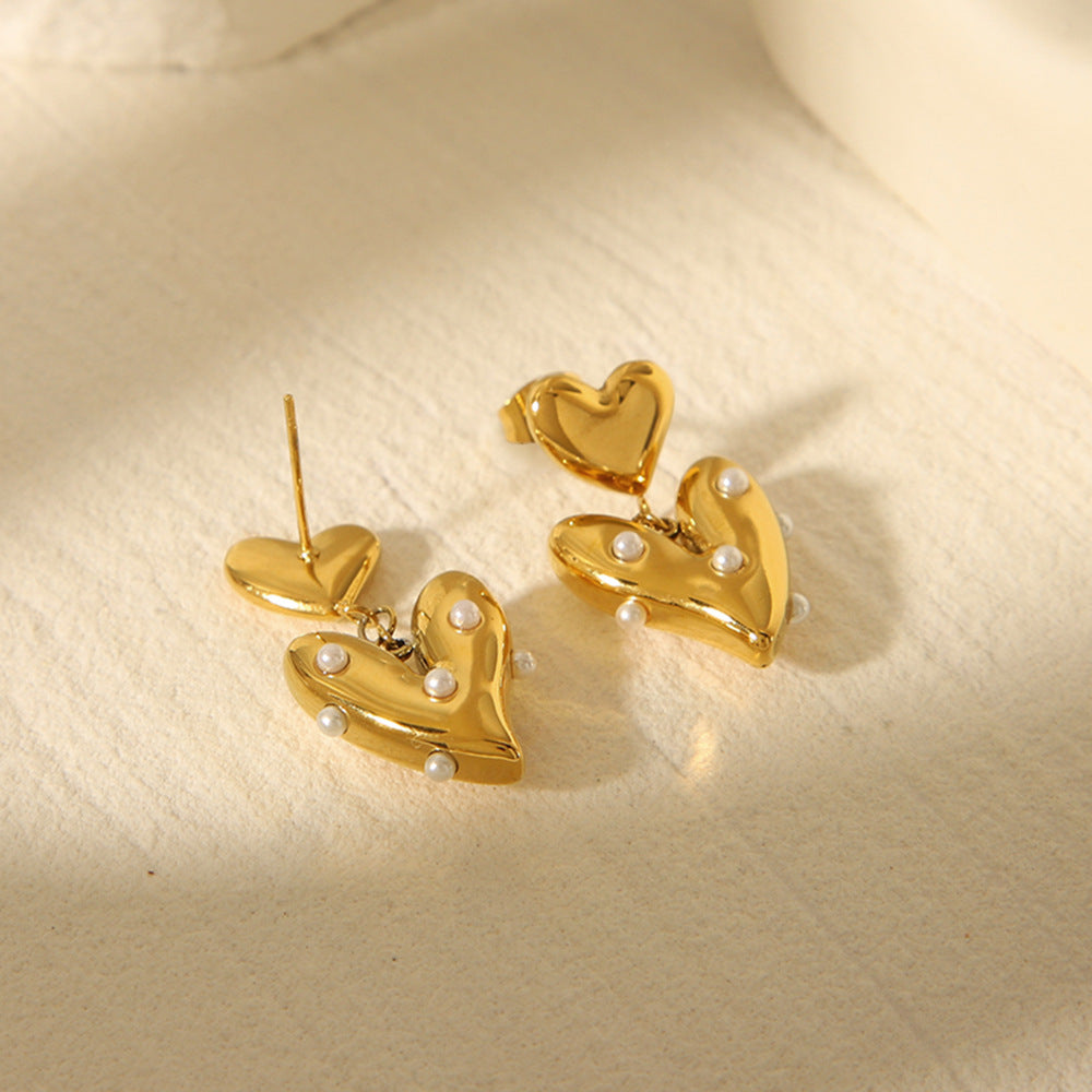 18k Gold-plated Stainless Steel Heart-shaped Earrings for Women, Fashionable and High-end, Heart-shaped Titanium Steel Pearl Earrings