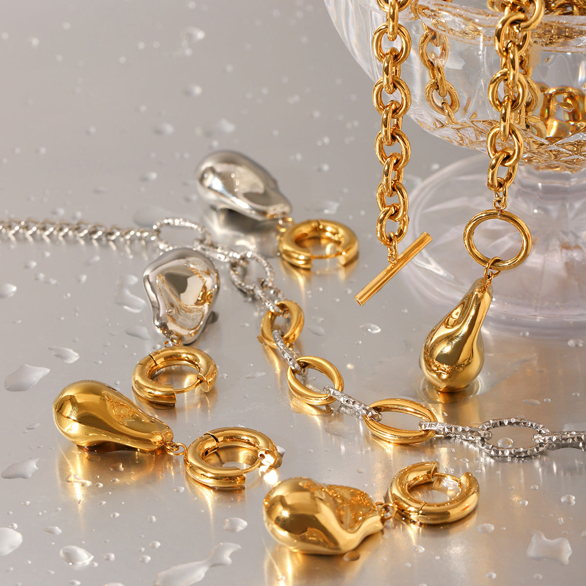 Stainless Steel Baroque Pendant Earrings Necklace Bracelet Jewelry Set Color-matching Stackable Titanium Steel Ring