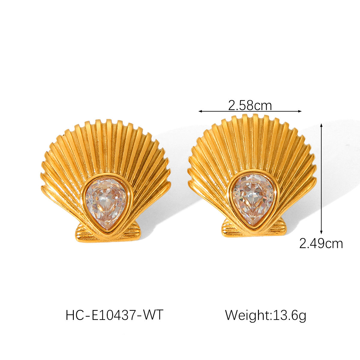 18K Gold Stainless Steel Scallop Earrings with Zircon, Women's Light Luxury, Easy-matching Earrings, Marine Titanium Steel Earrings