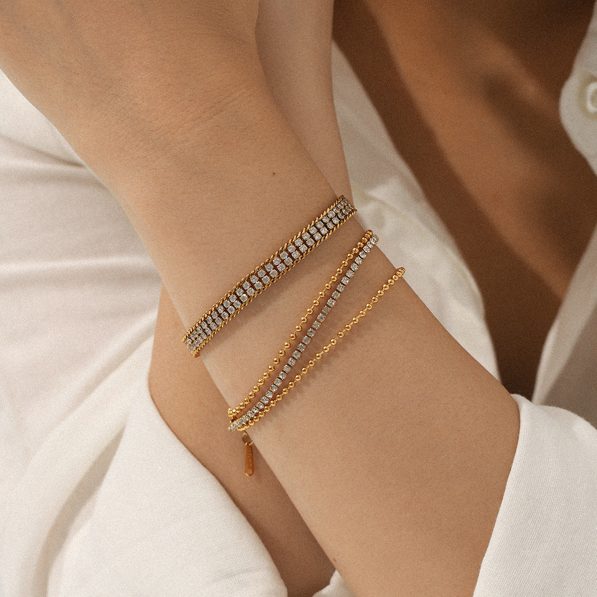 18K Gold Stainless Steel Bracelet with Double-layer White Zircon, Exuding A Light Luxury and High-end Feel, Made of Titanium Steel Jewelry