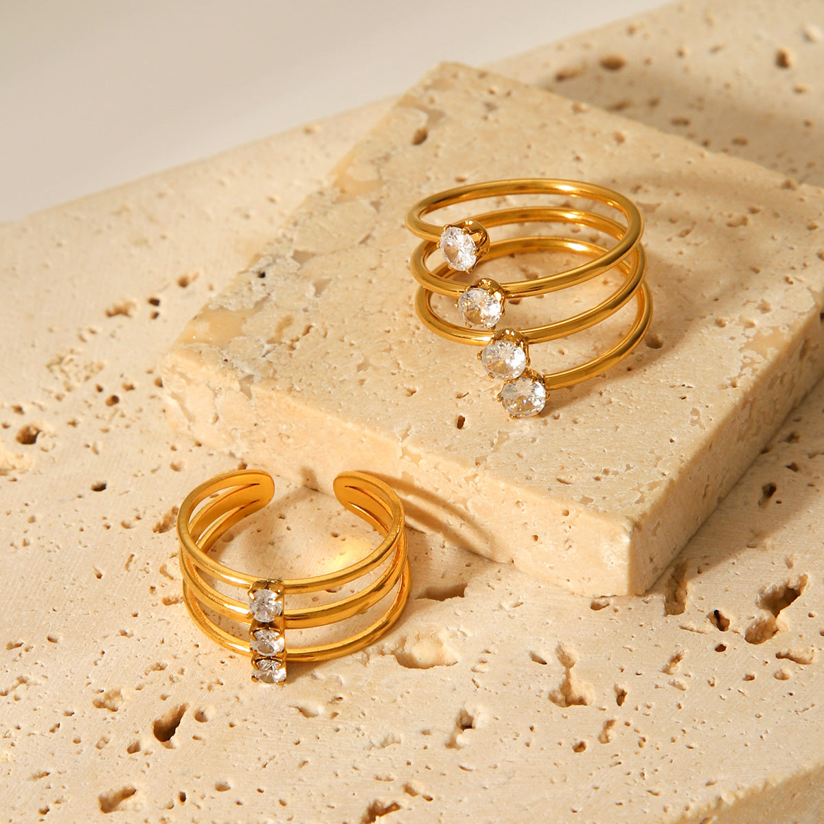 INS Style Three-layer Stainless Steel Ring with Zircon Inlay, Light Luxury and Versatile Titanium Steel Open Ring