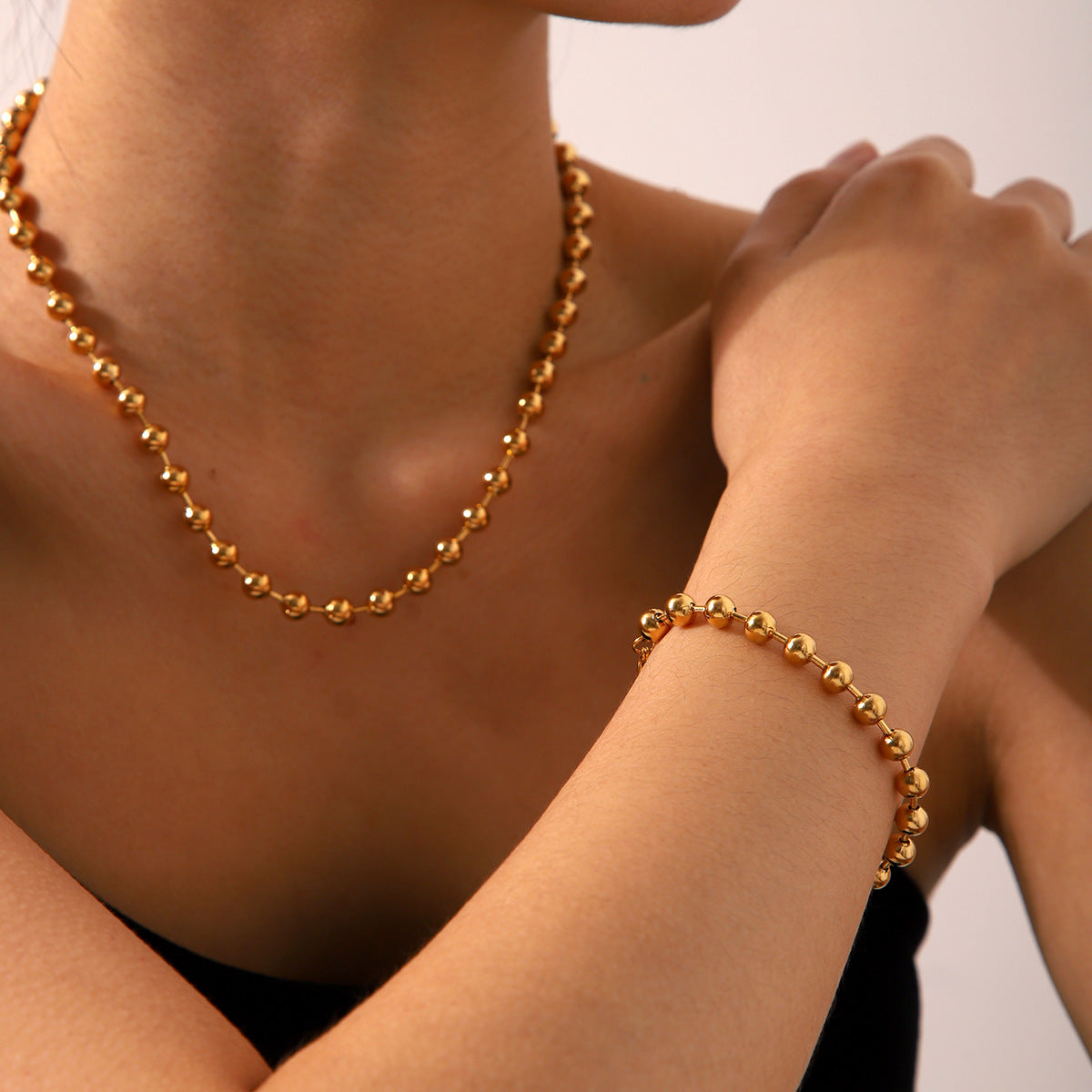 Stainless Steel Bead Chain Necklace and Bracelet for Women, Featuring High-end Titanium Steel Jewelry That Won't Fade