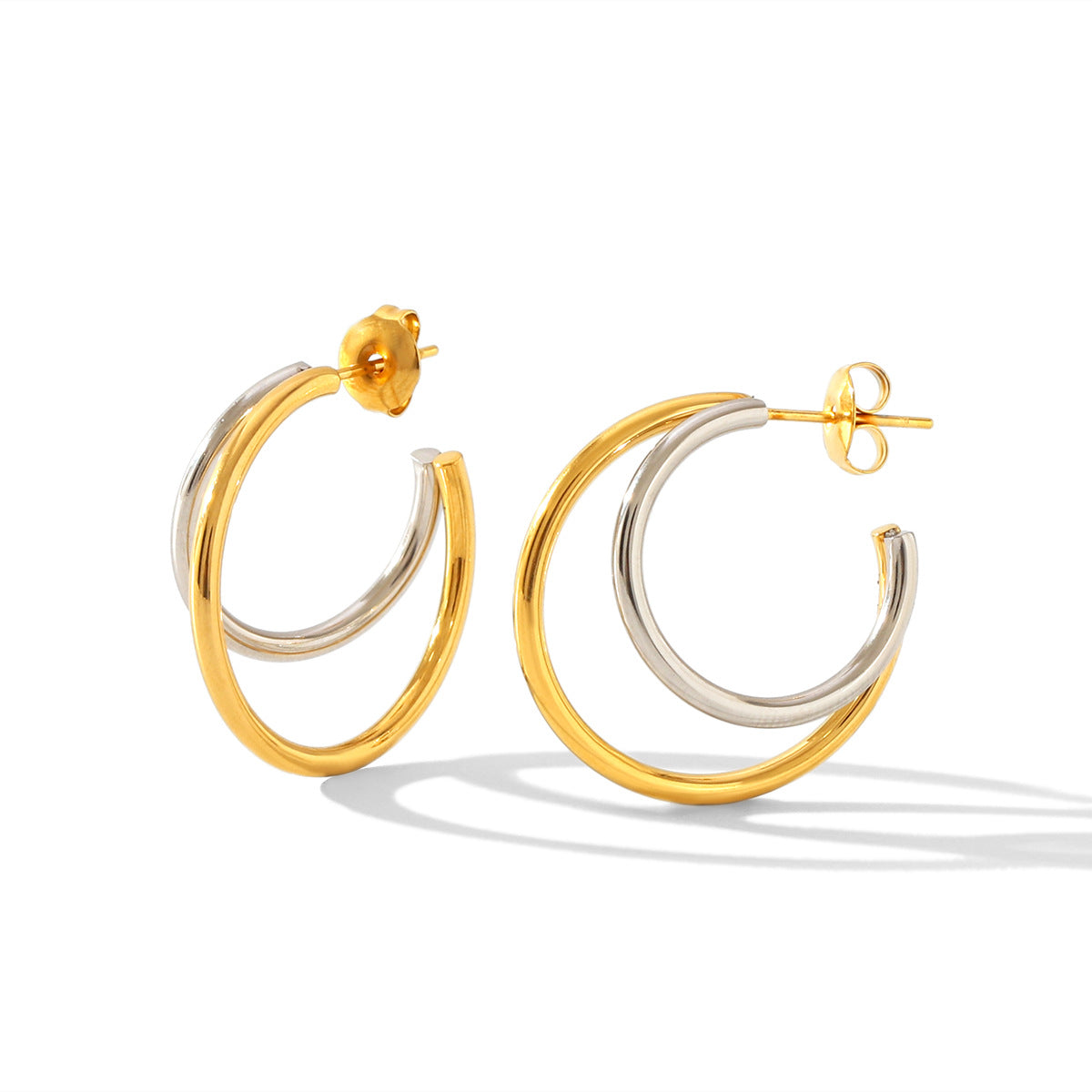 Double-layer Linear Titanium Steel Earrings for Women, Light Luxury, High-end Stainless Steel Color-block Earrings, Cross-border, Non-fading Earrings