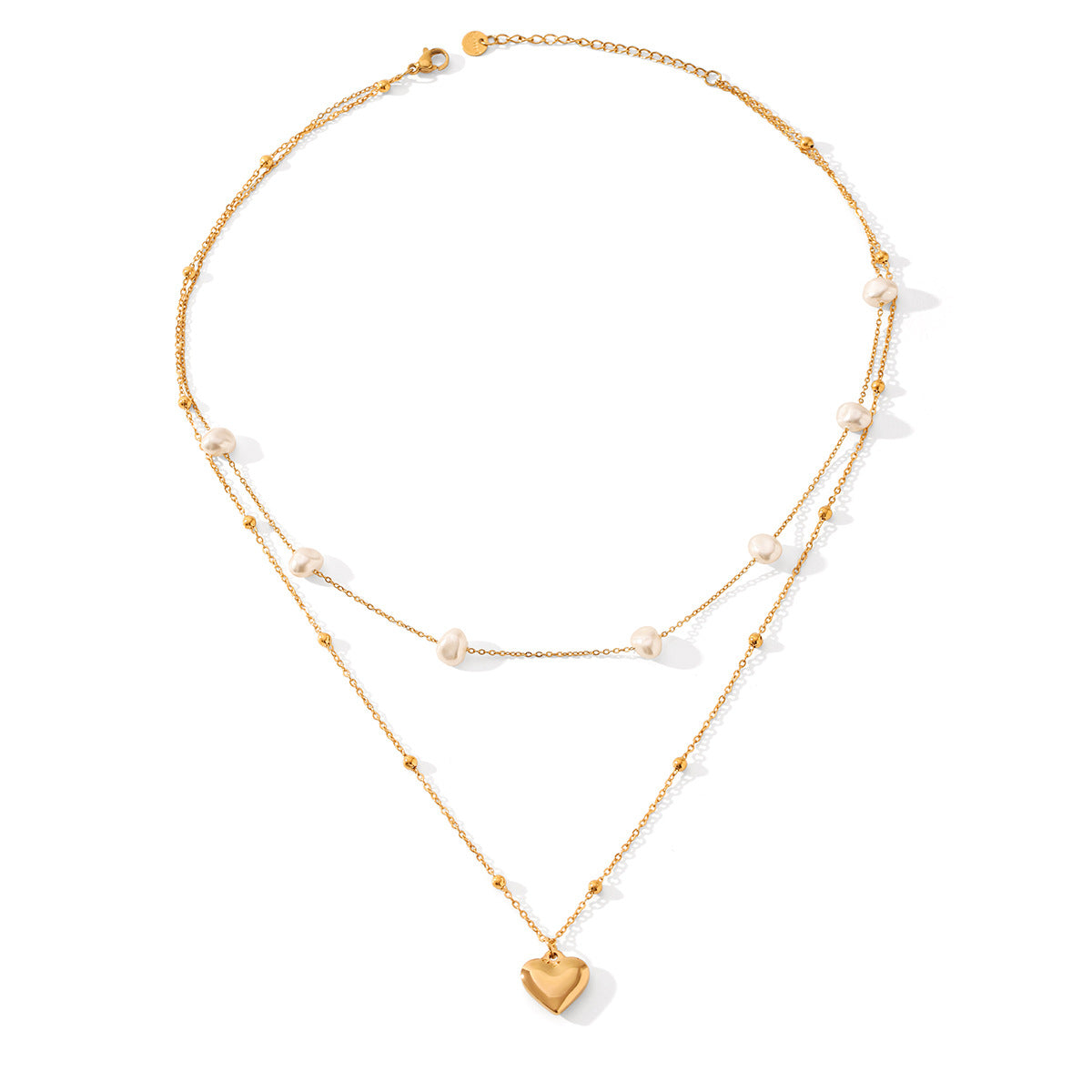 Stainless Steel Heart-shaped Pendant, Double-layered, Worn with Pearl Necklace, Women's High-end Clavicle Chain, Titanium Steel Necklace