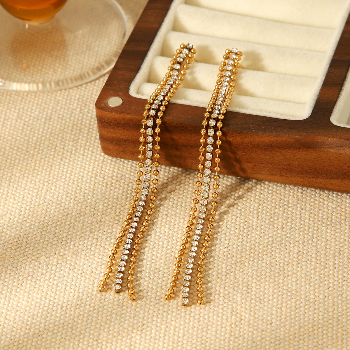 Stainless Steel Bead Chain Zircon Chain Fringed Earrings Long Earrings Light Luxury High-end Titanium Steel Jewelry