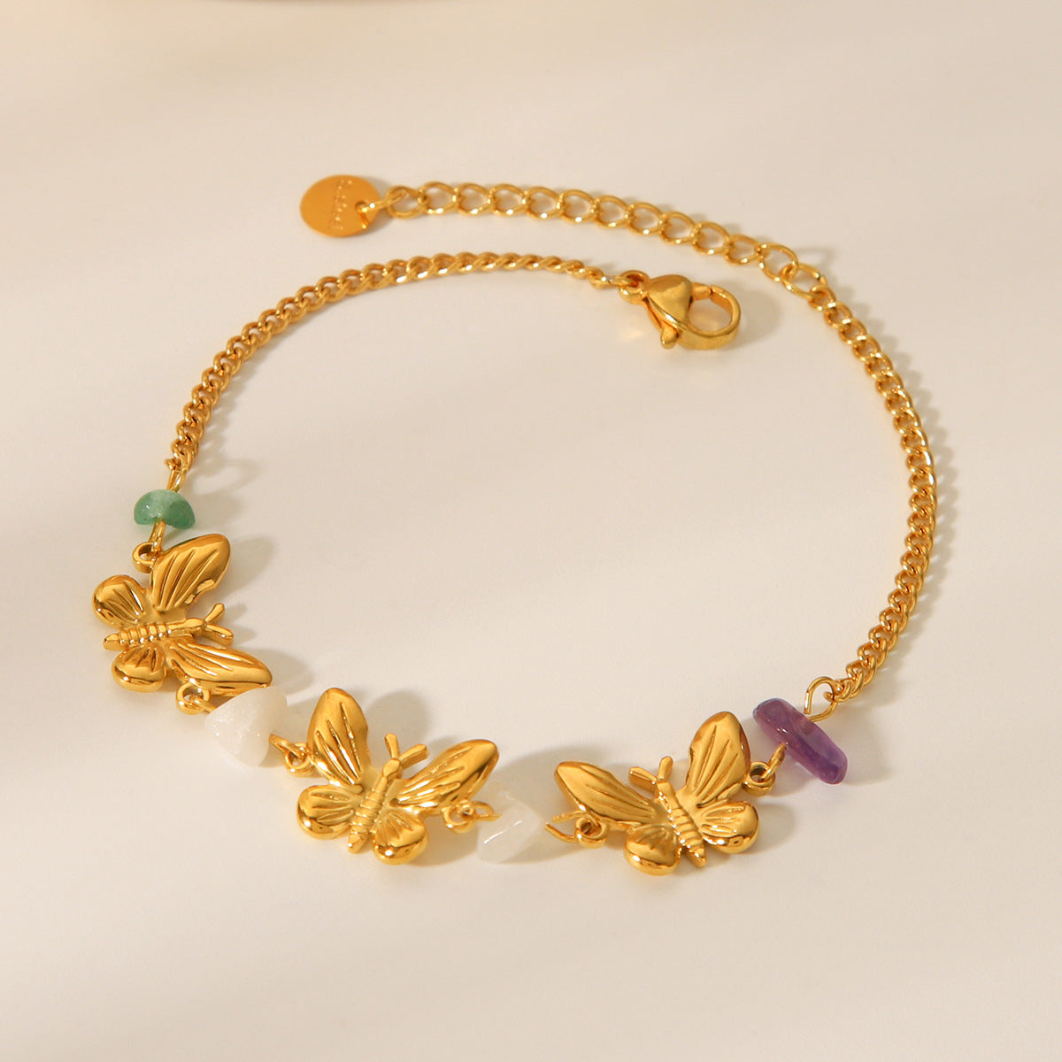 French Fashion Retro 18k Gold Stainless Steel Bracelet, Natural Stone Butterfly Bracelet, Women's Light Luxury Temperament Bracelet