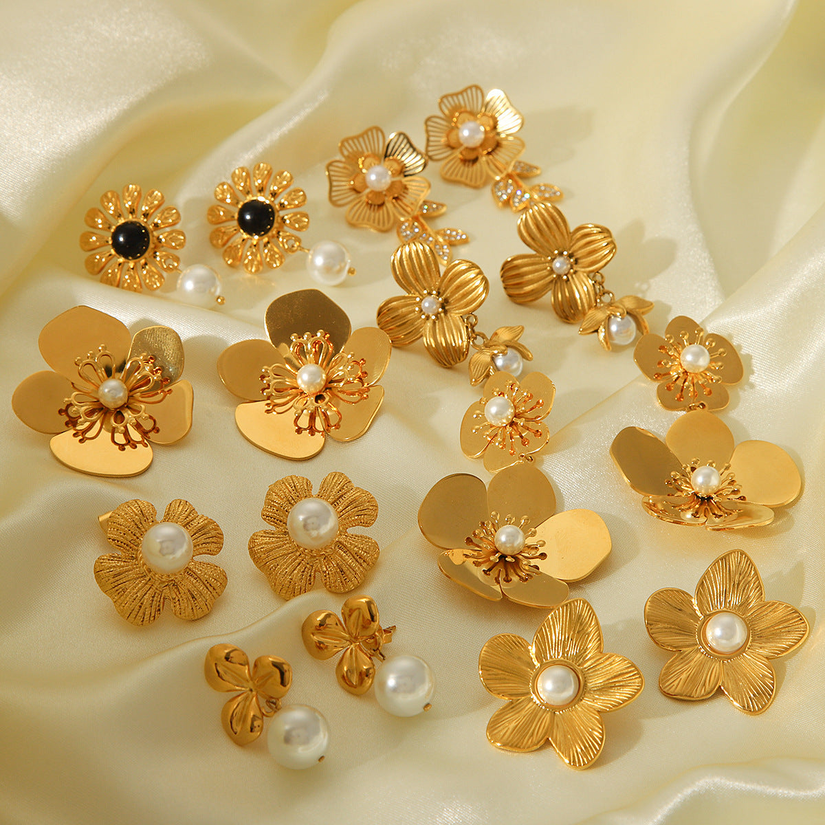 French 18K Gold Stainless Steel Flower Earrings Design Sense Fashion Retro Temperament Pearl Earrings Women