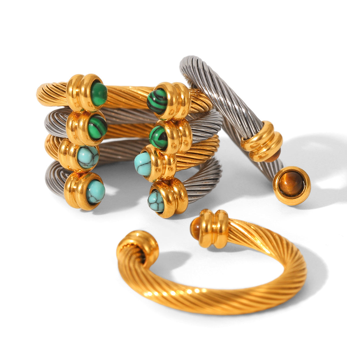 Color-blocked Stainless Steel Spiral Pattern Open Ring Inlaid with Malachite, Turquoise, Tiger's Eye, Titanium Steel Finger Ring for Women